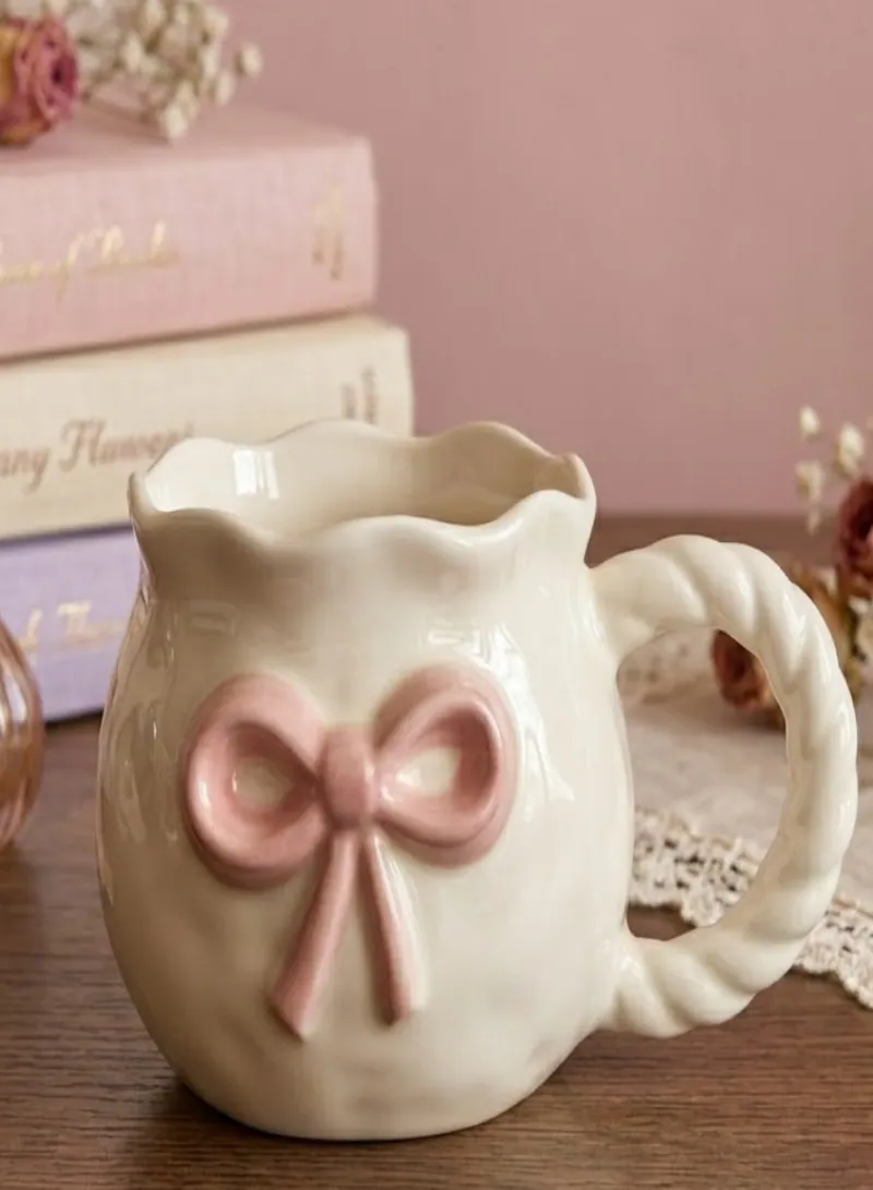 300ml Bow Heat-Retaining Ceramic Mug (D8 × H9cm) – Off White – Elegant Tulip Bow Coffee & Tea Cup -2