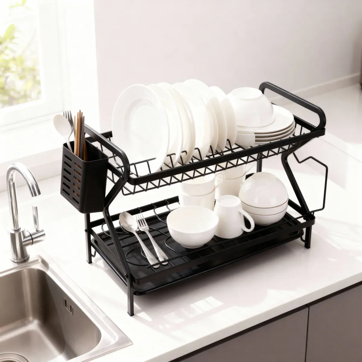 Two-Tier Steel Dish Drying Rack with Utensil Holder 2