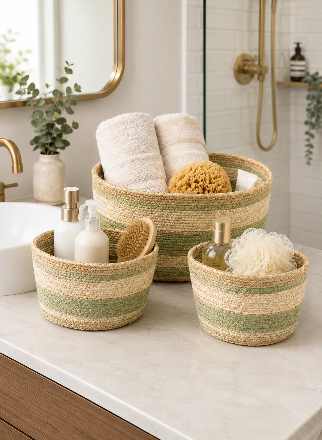 Bamboo Basket Set 3 Pieces – Natural & Green Woven Bathroom Storage Baskets