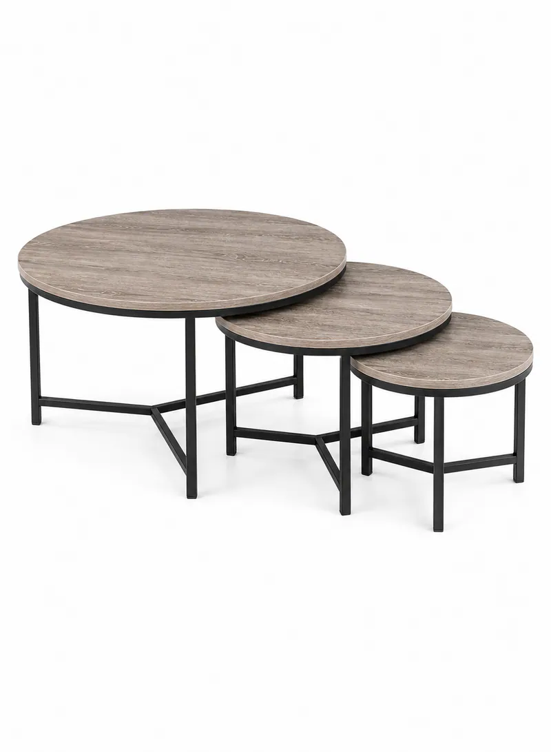 3-Piece Round Turkish Wood Nesting Table Set – Grey Wood & Black Metal