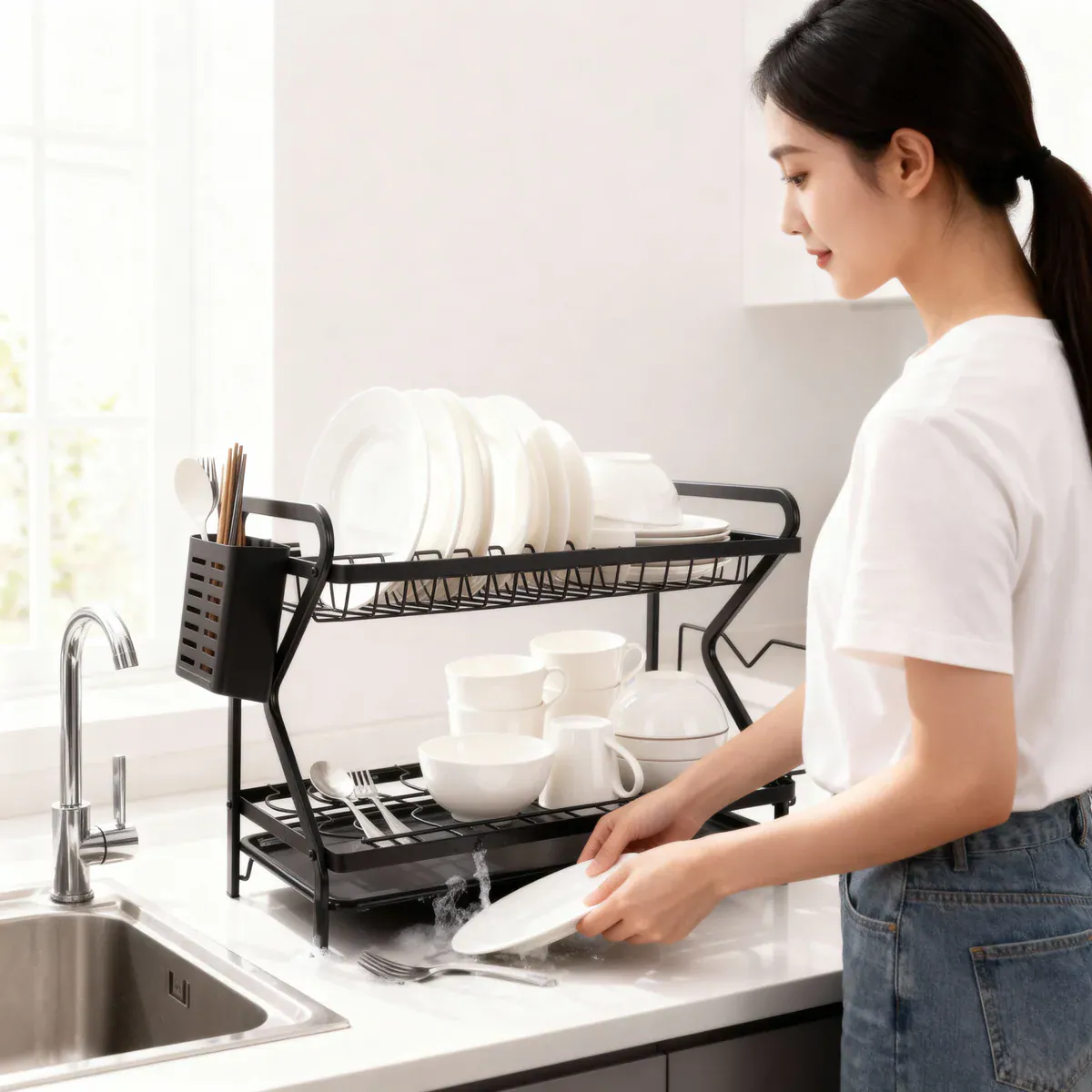 Two-Tier Steel Dish Drying Rack with Utensil Holder 3