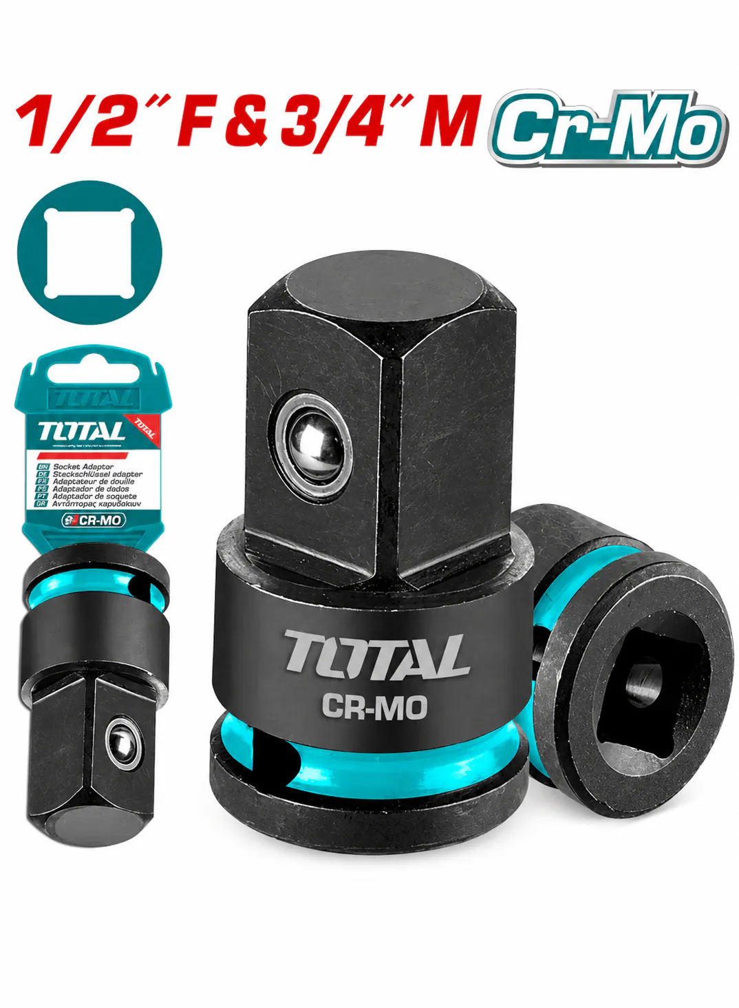 TOTAL 1/2" Female to 3/4" Male Impact Socket Adapter – Cr-Mo Steel – Heavy-Duty Industrial Square Drive Converter
