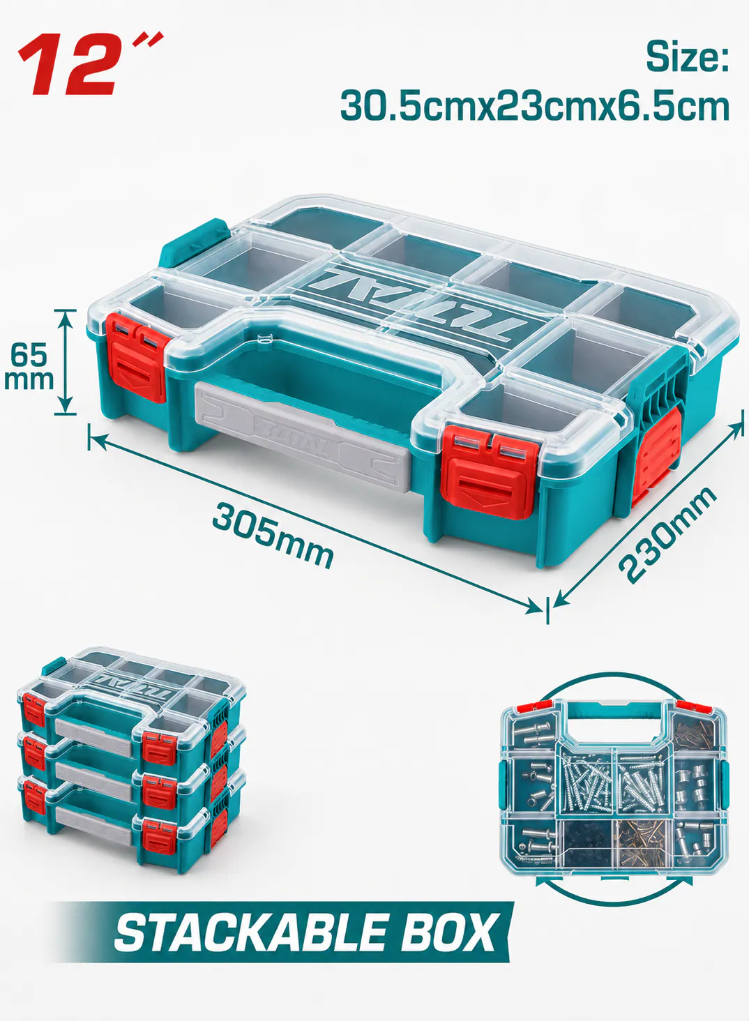 TOTAL 12" Plastic Organizer Box with Removable Dividers – 305 × 230 × 65mm