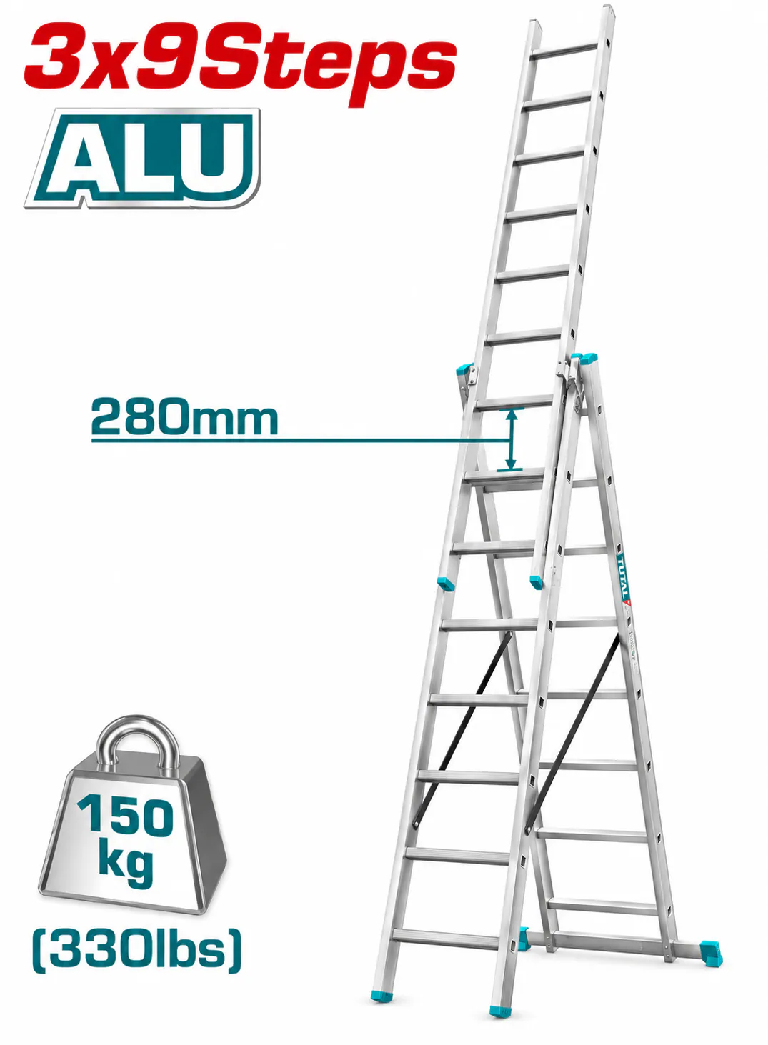 TOTAL 3×9-Step Aluminum Extension Ladder – 27 Steps – 150kg (330lbs) Load Capacity – 280mm Step Spacing – Heavy-Duty Triple-Section Sliding Ladder