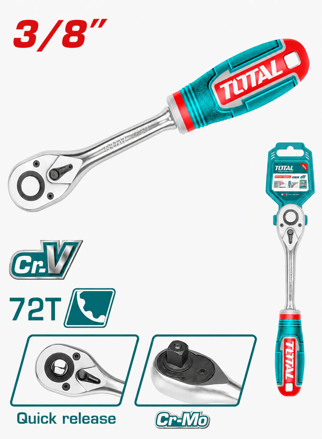 TOTAL 3/8" Ratchet Handle 45T – 205mm | CR-V + CR-MO