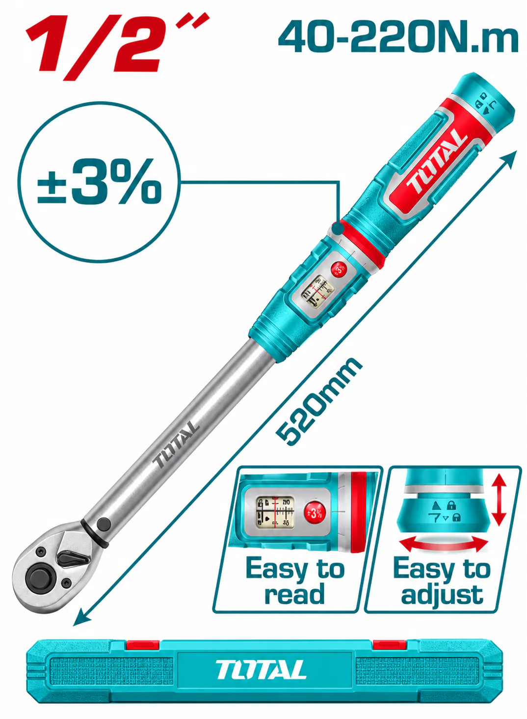 TOTAL 1/2" Drive Torque Wrench – 40–220 Nm – ±3% Accuracy – 520mm Length – Adjustable Torque Setting – Heavy-Duty Professional Torque Wrench with Storage Case