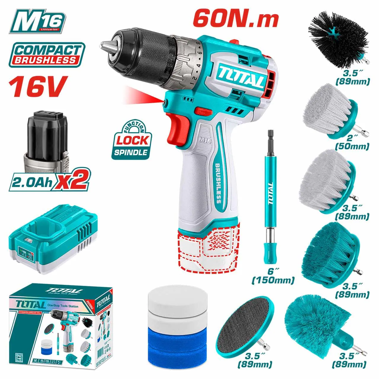 Total Compact Brushless Li-ion Drill with 2×2.0Ah Batteries, Charger & Cleaning Brush Set