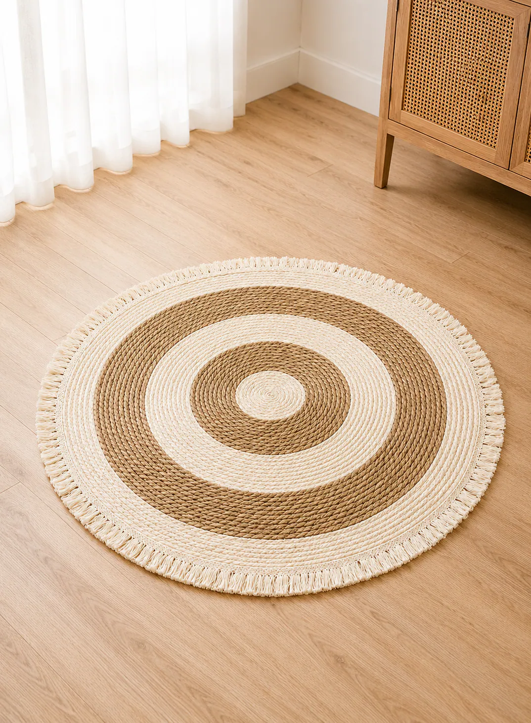 Seagrass Mat 100cm – Round Natural Woven Floor Mat with Striped Ring Design