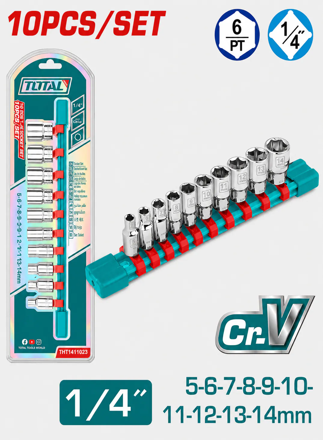 TOTAL 10-Piece 1/4" Socket Set 5–14mm | High-Quality Cr-V Steel
