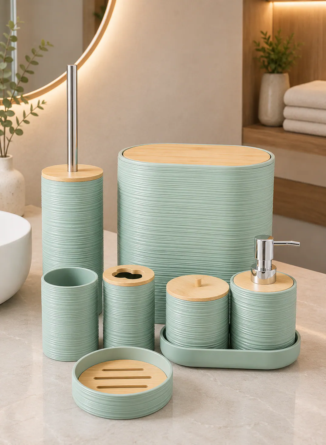 8-Piece Ribbed Bathroom Accessories Set with Bamboo Details – Mint Green