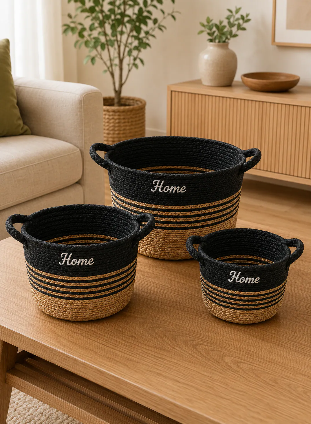 Seagrass Basket Set 3 Pieces – Black & Natural Woven Storage Baskets with Handles
