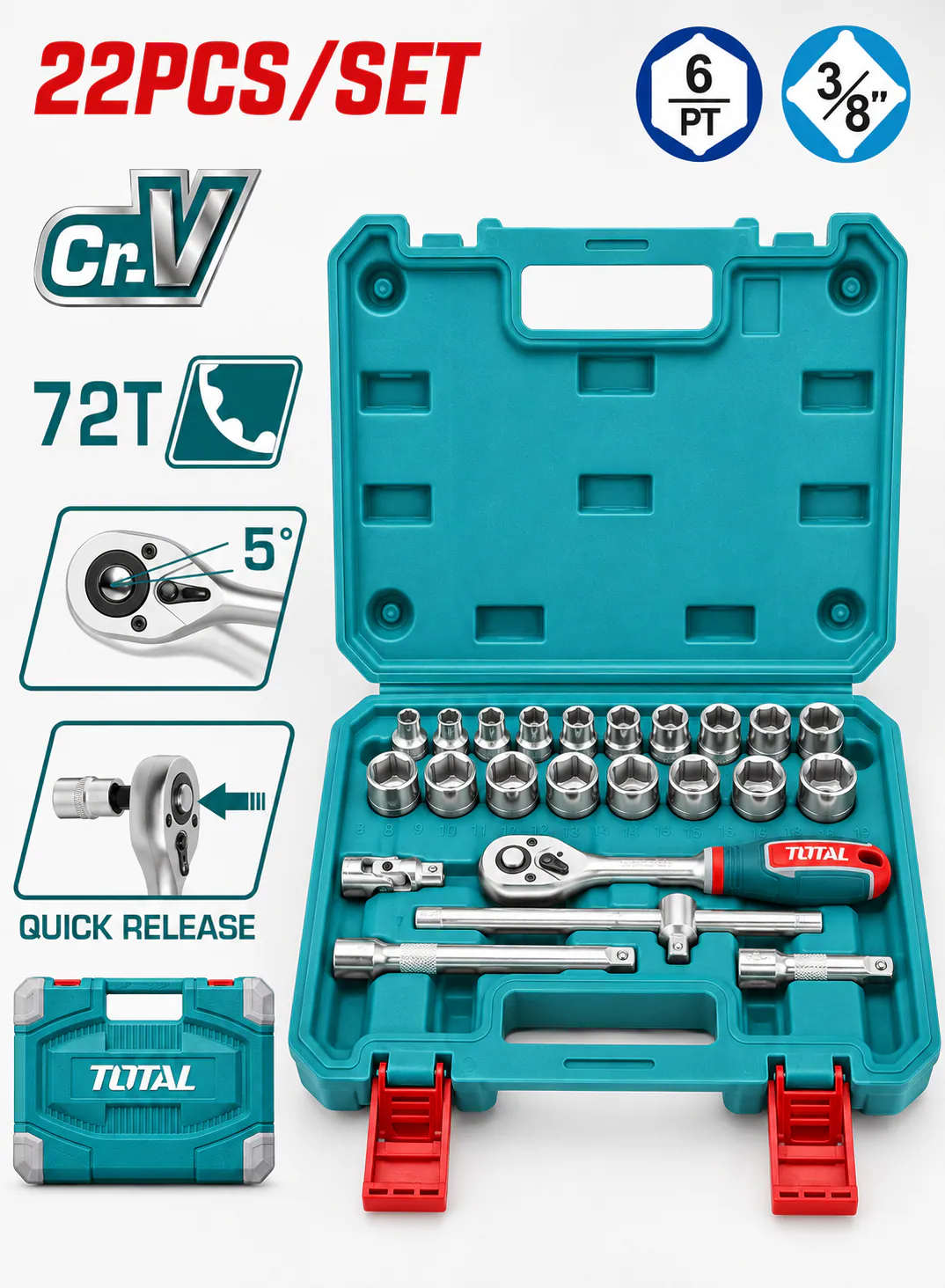 TOTAL 22-Piece 3/8" Socket Set with 72T Quick-Release Ratchet, Extension Bars & Plastic Case | CR-V