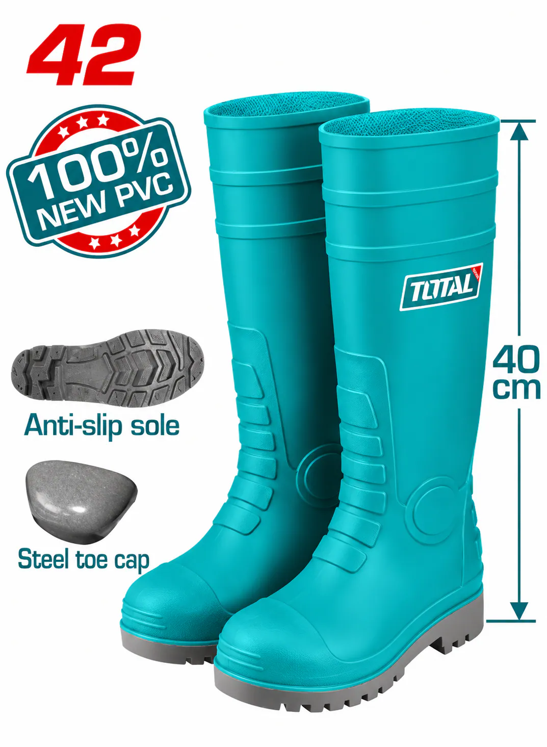 TOTAL Size 42 PVC Safety Rain Boots – Steel Toe Cap – 40cm Height – 100% New PVC – Anti-Slip Sole – Heavy-Duty Waterproof Industrial Work Boots