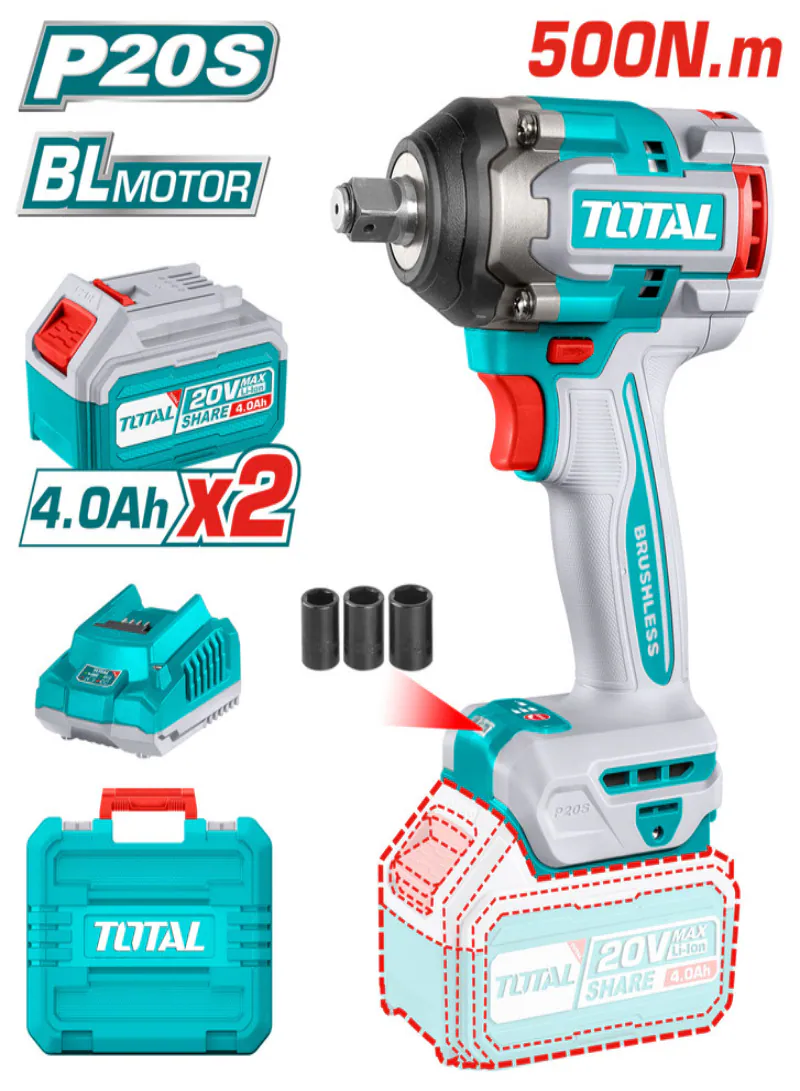 Total 20V Brushless Cordless Impact Wrench 1/2" 500Nm with 2 Batteries
