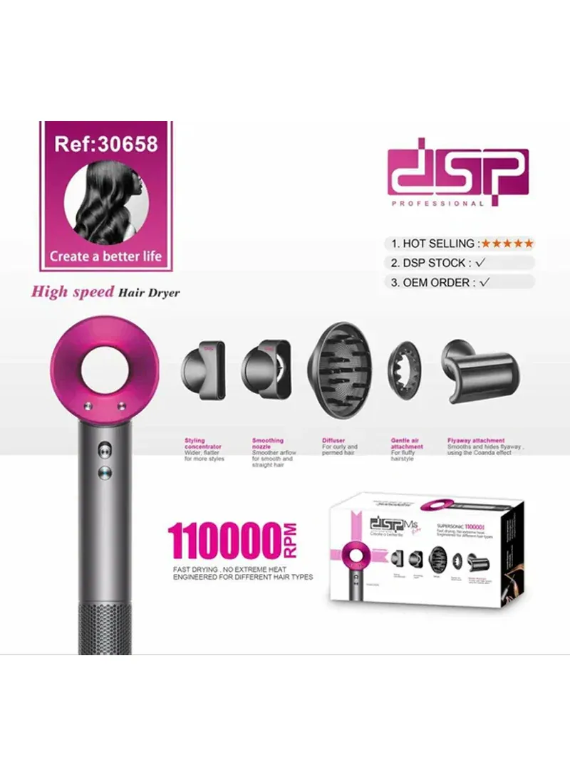 DSP 30658 Professional Hair Dryer 1600W – High-Speed Ionic Hair Dryer with 3 Speeds, 4 Heat Settings & 5 Attachments 4