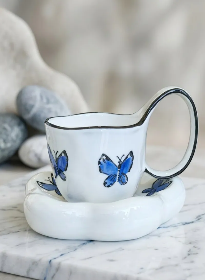 260ml Blue Butterfly Ceramic Mug with Matching Saucer – Elegant Aesthetic Coffee & Tea Cup Set – Perfect Gift for Home & Office Use
