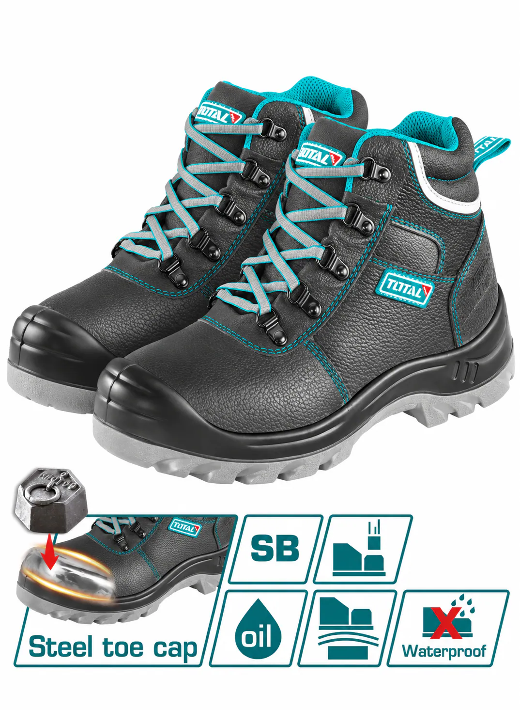 TOTAL Black Safety Work Boots – Steel Toe Cap – SB Protection – Oil-Resistant Sole – Anti-Slip Tread – Heavy-Duty Industrial Safety Shoes – High-Ankle Protective Footwear