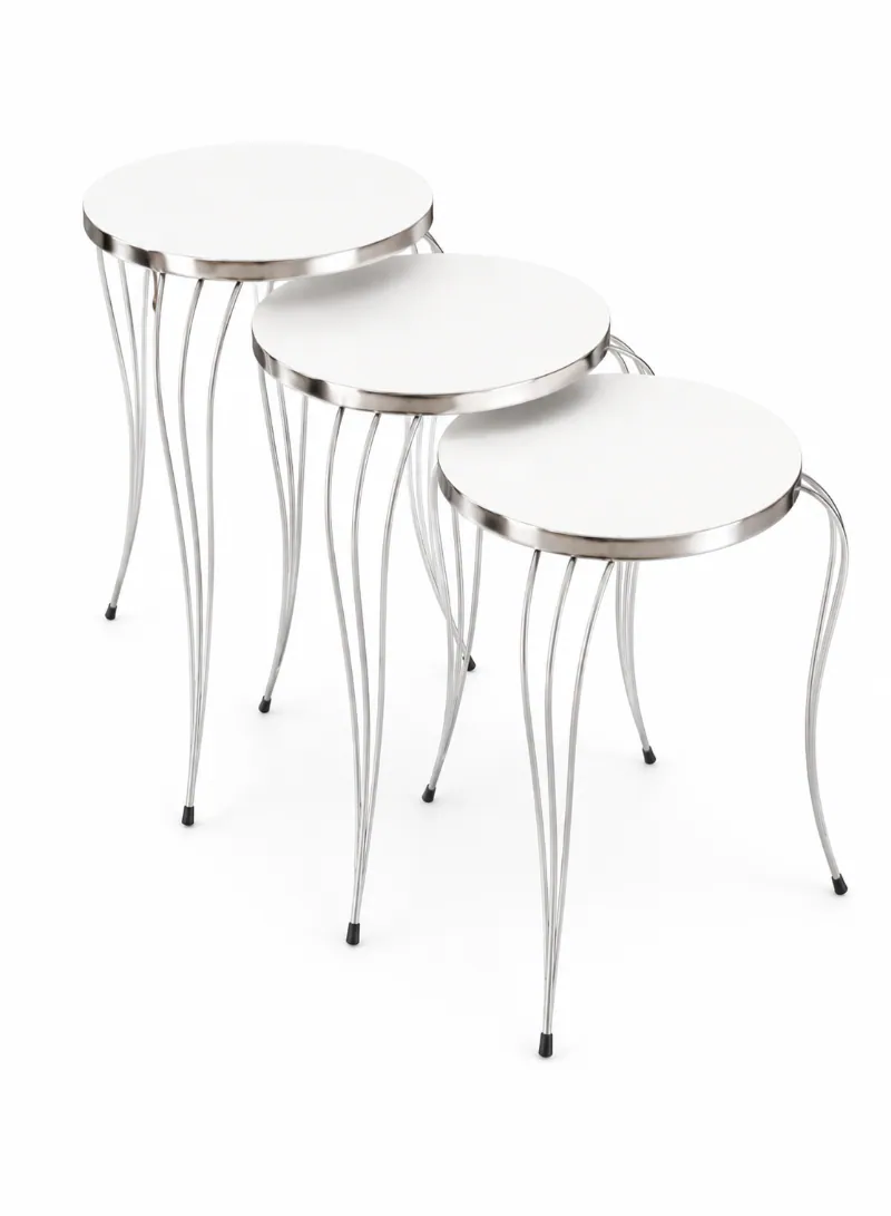 3-Piece Nesting Table Set – White Color Top with Silver Metal Legs