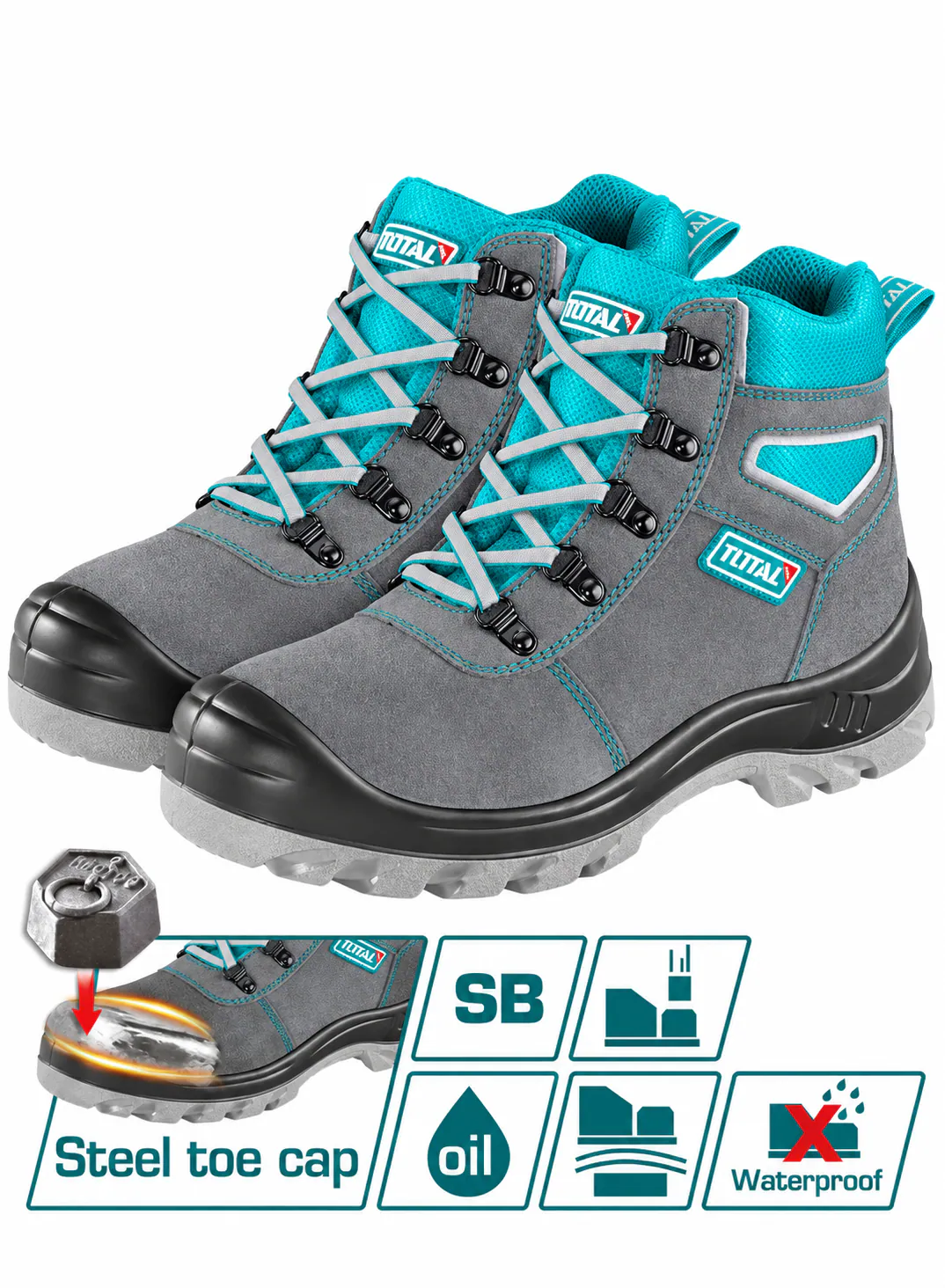 TOTAL Gray Suede Safety Work Boots – Steel Toe Cap – SB Protection – Oil-Resistant Sole – Anti-Slip Tread – Heavy-Duty Industrial Safety Shoes – High-Ankle Protective Footwear