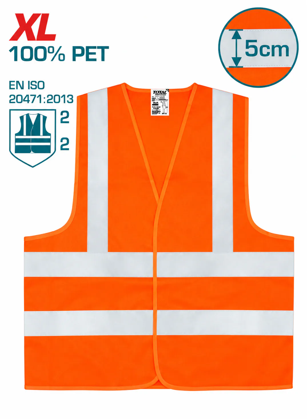 TOTAL XL Orange High-Visibility Safety Vest – 100% PET Polyester – EN ISO 20471:2013 Class 2 – 5cm Reflective Strips – Lightweight Industrial Reflective Work Vest – Construction Safety Clothing
