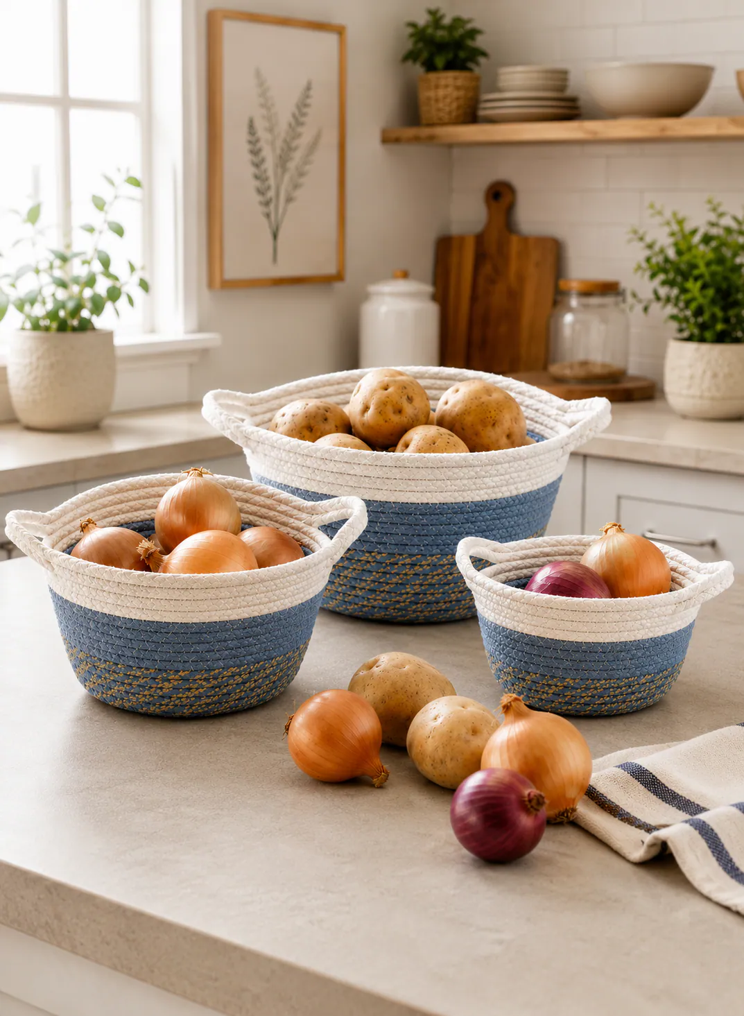 Bamboo Basket Set 3 Pieces – Blue & White Woven Kitchen Storage Baskets with Handles