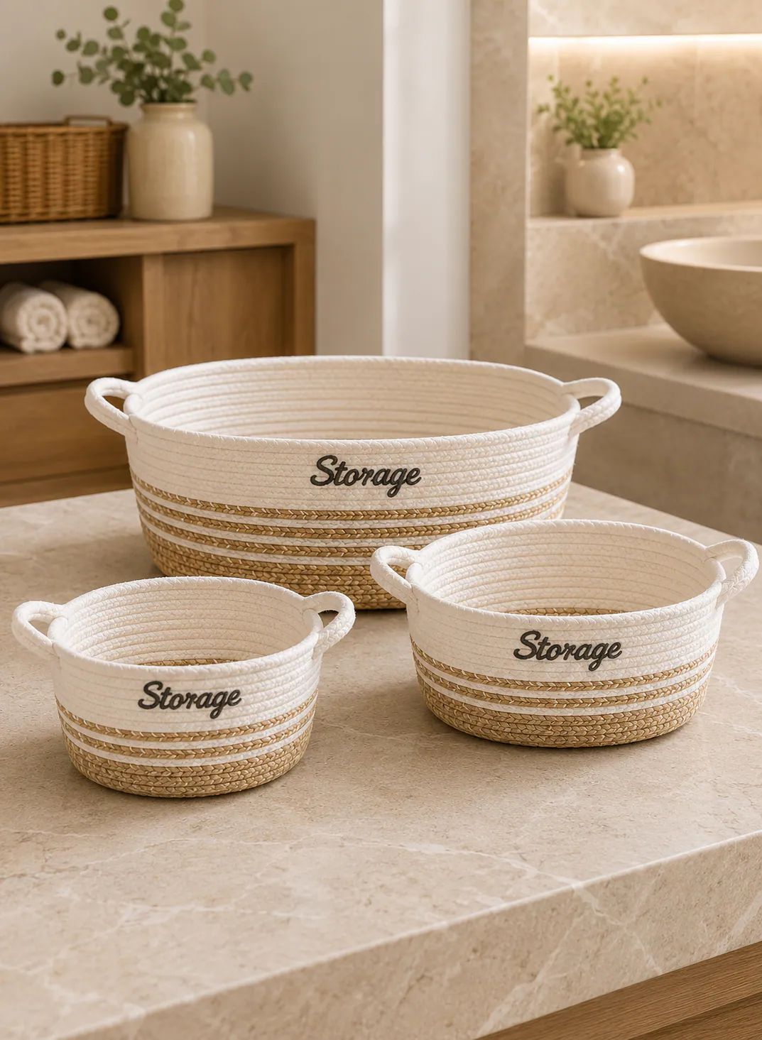 Seagrass Basket Set 3 Pieces – Natural & White Woven Bathroom Storage Baskets