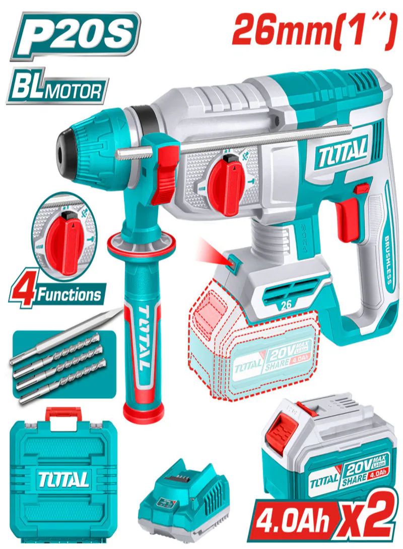 Total 20V Brushless SDS Plus Cordless Rotary Hammer with 2×4.0Ah Batteries