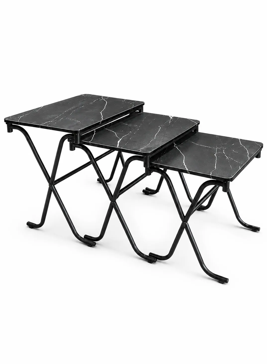 3-Piece Rectangular Turkish Wood Table Set – Black Marble with Black Metal Legs