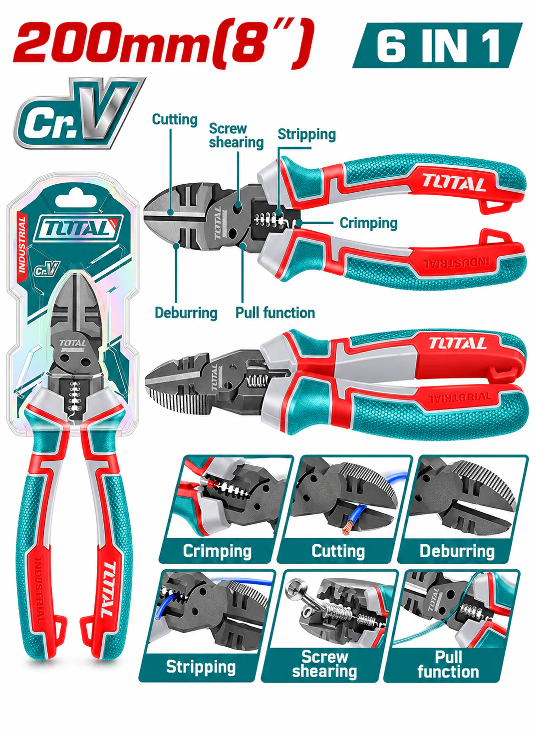 TOTAL Industrial 6-in-1 Multifunction Diagonal Cutting Pliers – 8" (200 mm)