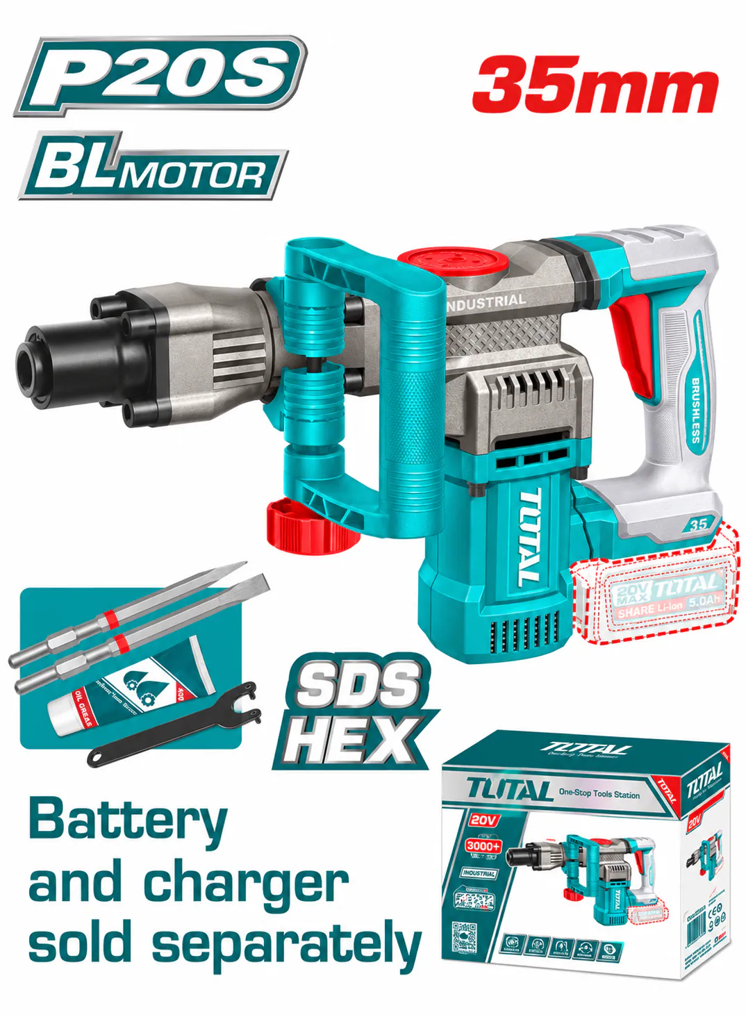 TOTAL 20V Industrial Brushless Cordless Demolition Hammer – 16J SDS HEX (Tool Only)