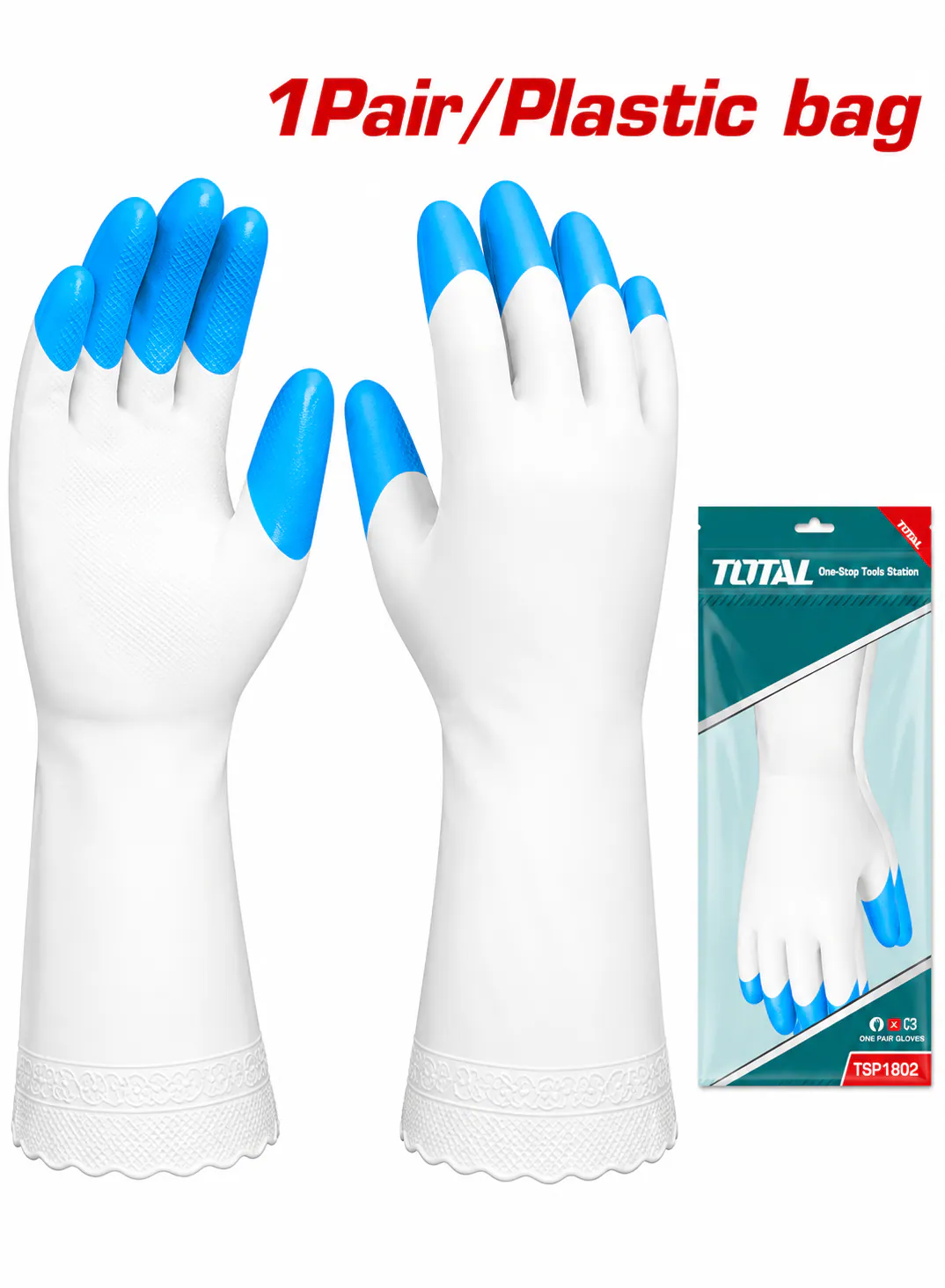 TOTAL Large PVC Protective Gloves – White with Blue Fingertips – Extended Cuff Design – Flexible Industrial Work Gloves – Water-Resistant Hand Protection – 1 Pair