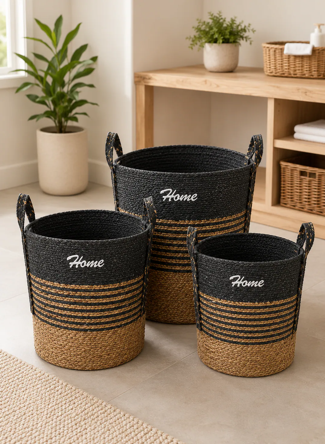 Seagrass Basket Set 3 Pieces – Black & Natural Woven Laundry Storage Baskets with Handles