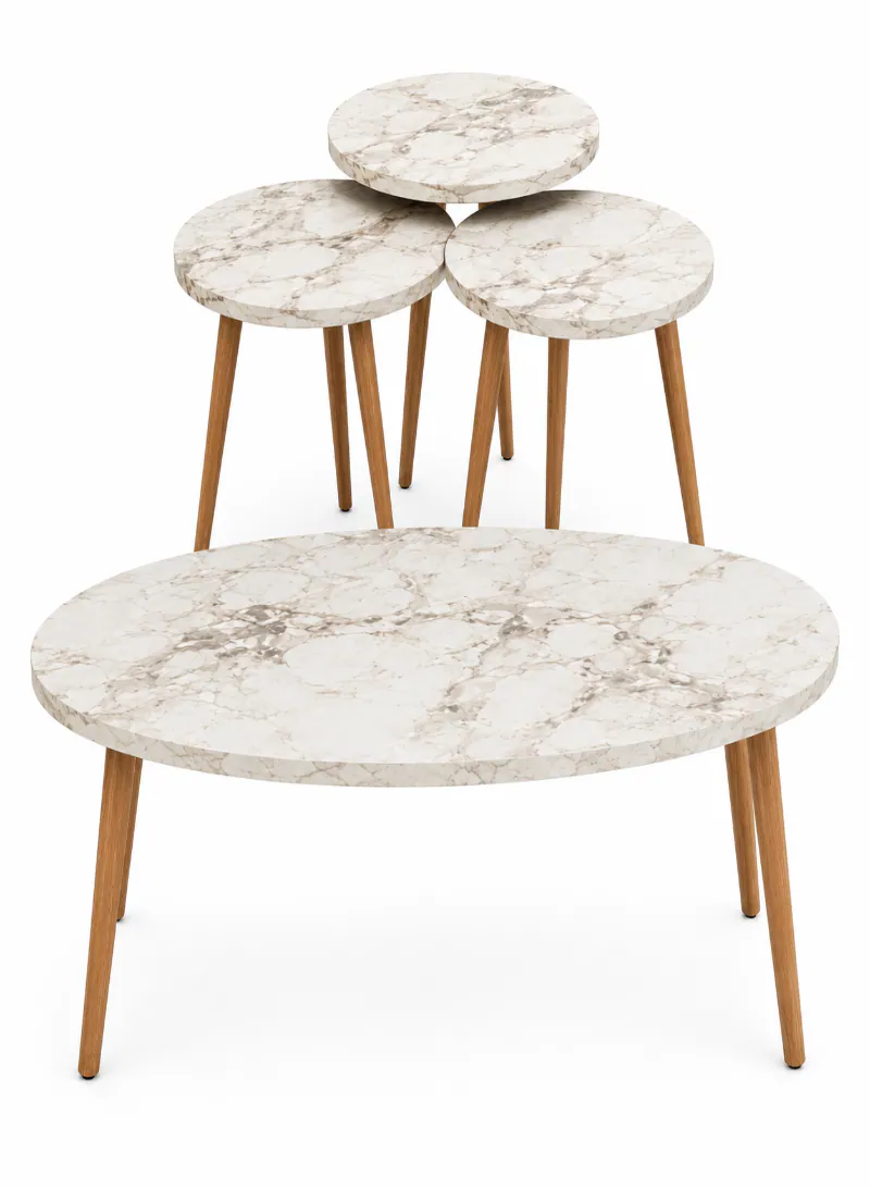 White Marble Center Table with 3 Nesting Tables – 4-Piece Modern Table Set with Wooden Legs 2