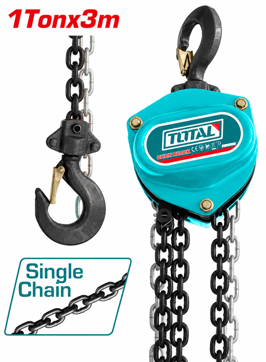TOTAL 1 Ton Manual Chain Hoist – 3m Lifting Height – Single Chain Block – Heavy-Duty Industrial Lifting Pulley with Safety Hooks