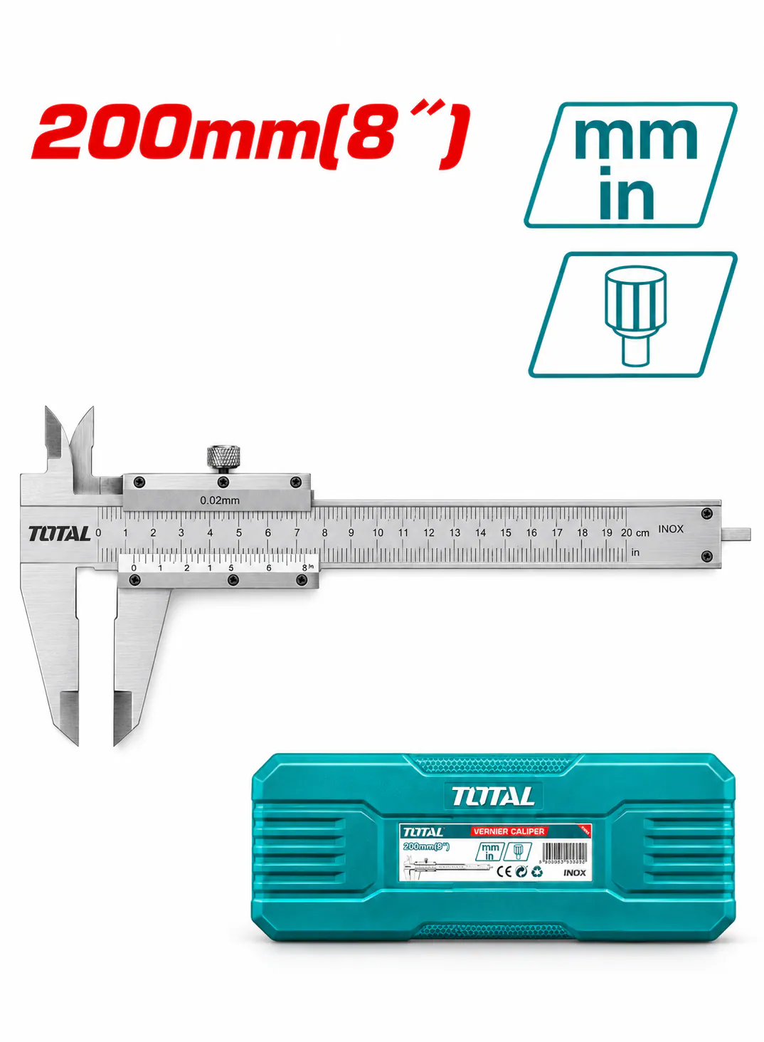 TOTAL 8" Stainless Steel Vernier Caliper – 200mm