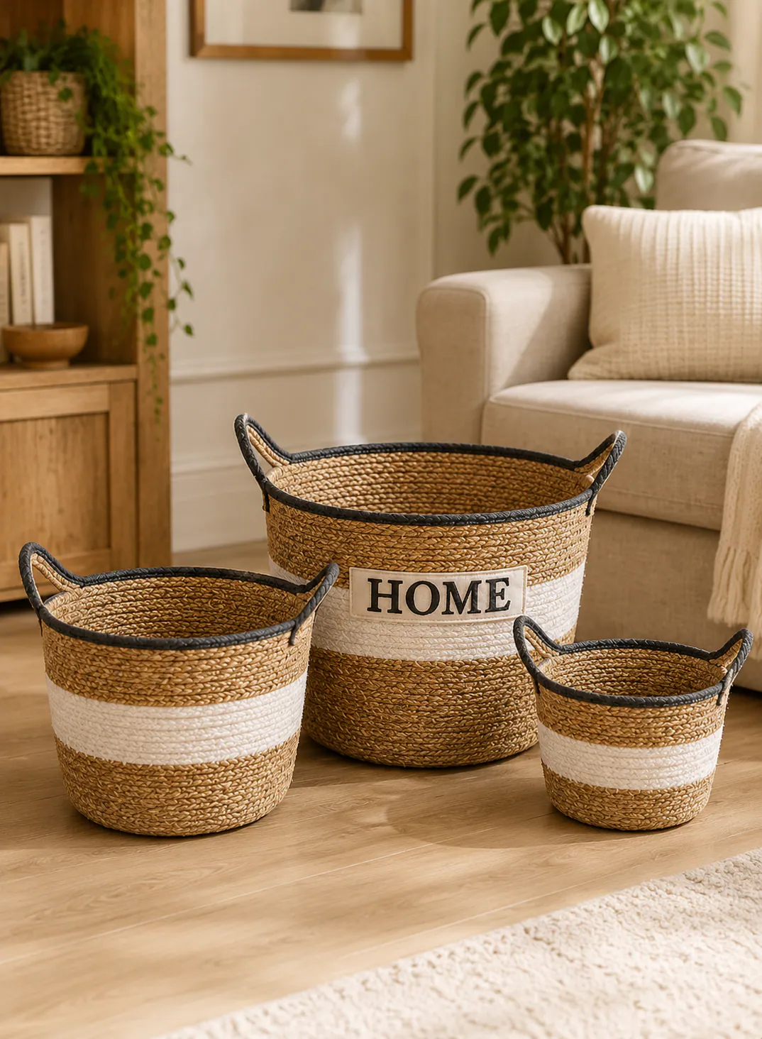 3-Piece Seagrass Basket Set – Natural Beige, White & Grey Woven Baskets with Handles