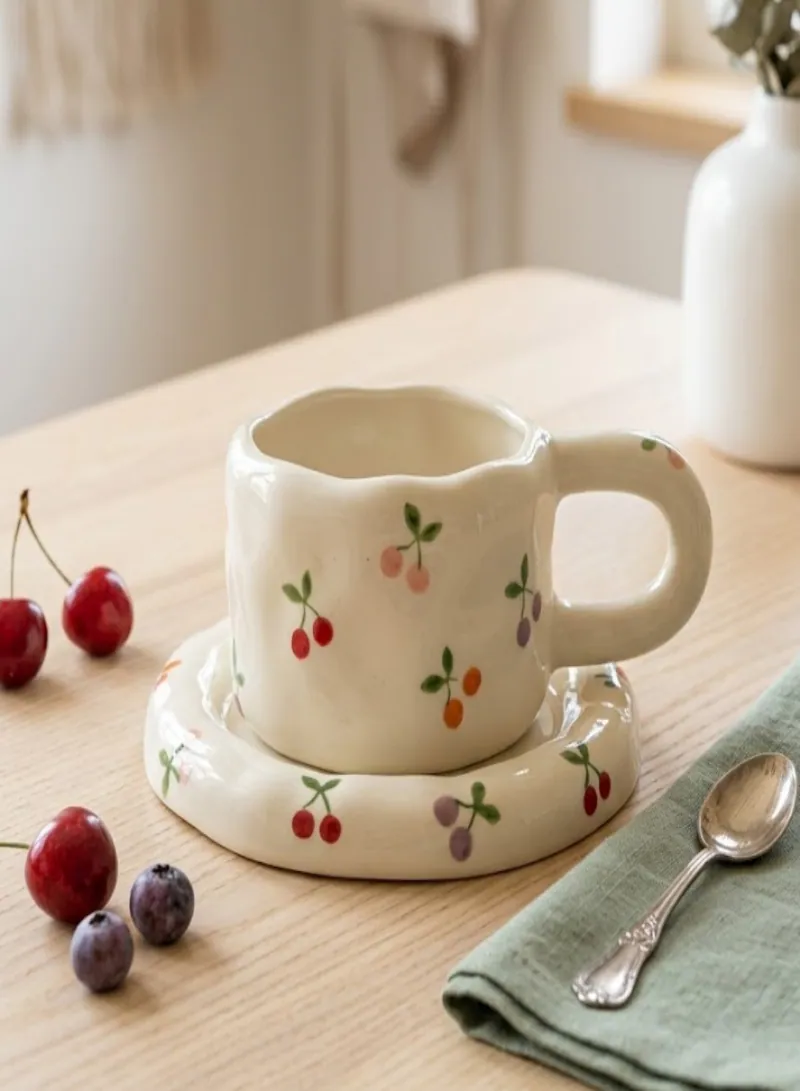 260ml Cherry Ceramic Mug & Deep Plate Set -2
