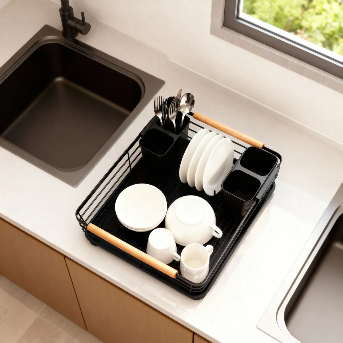 Compact Dish Drying Rack with Wooden Handles 3
