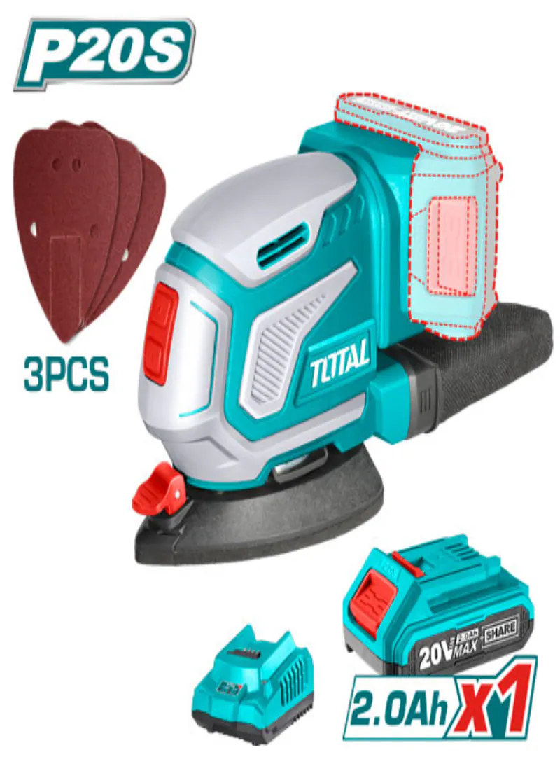 Total 20V Cordless Sander with Corner Attachment + 2.0Ah Battery & Charger
