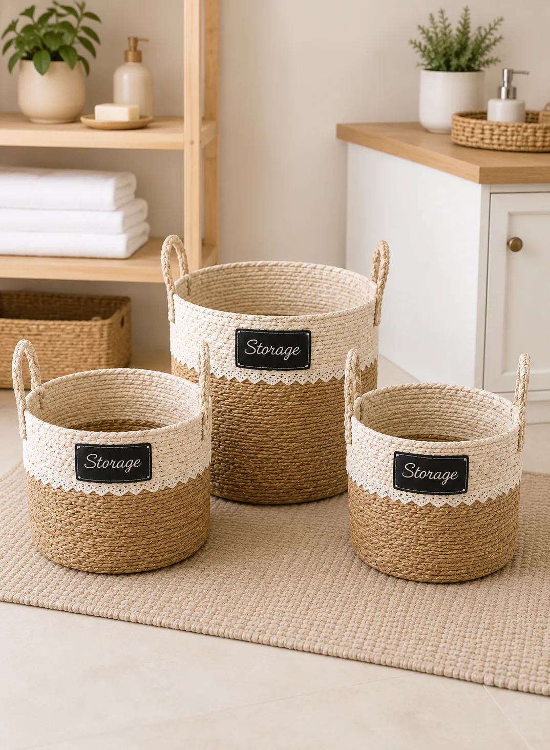 Seagrass Basket Set 3 Pieces – Natural & White Woven Storage Baskets with Handles