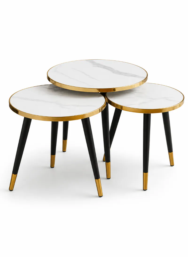 3-Piece Nesting Table Set – White Marble-Effect Top with Gold & Black Metal Legs