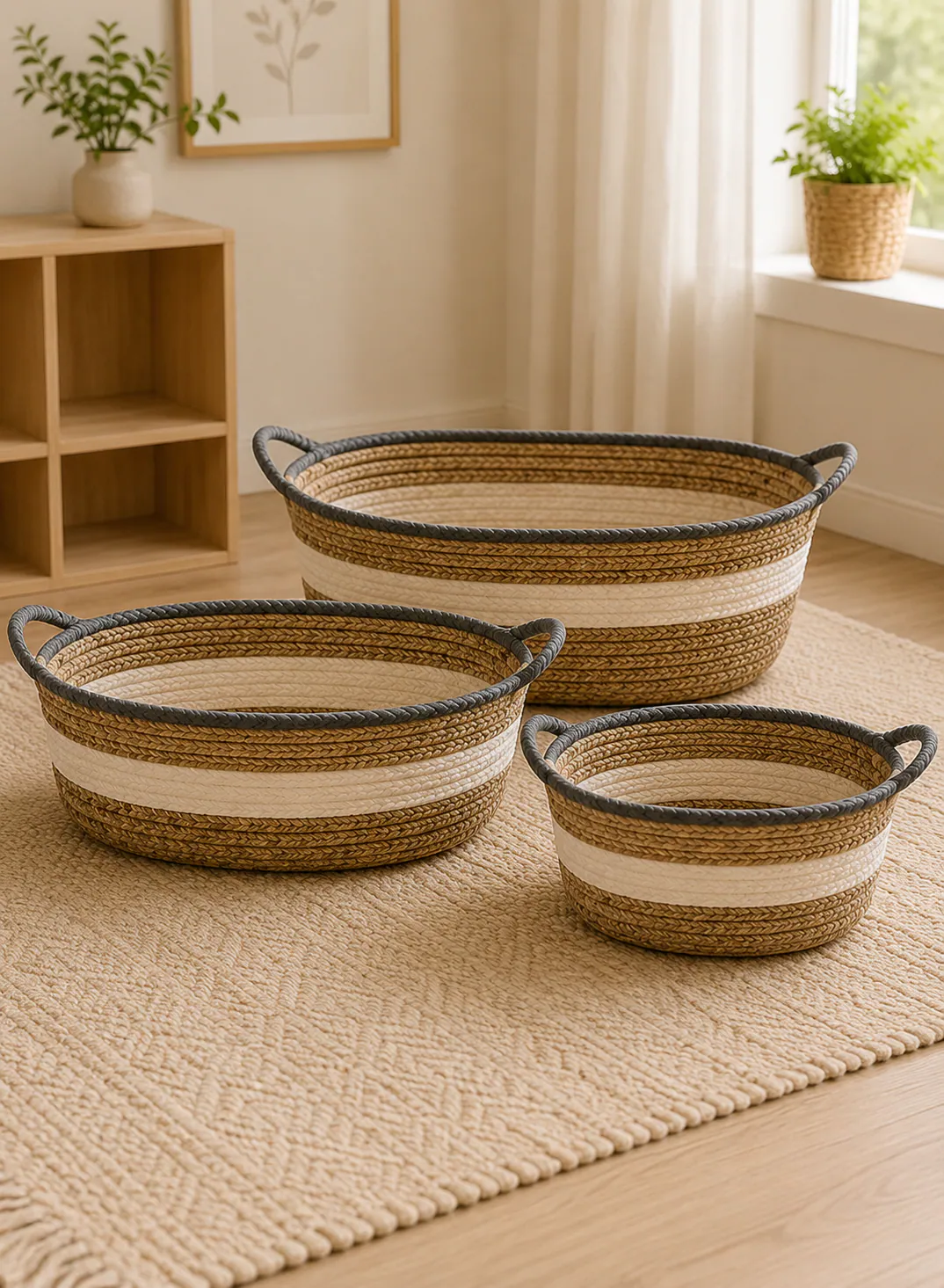 Seagrass Basket Set 3 Pieces – Natural & White Woven Storage Baskets with Handles