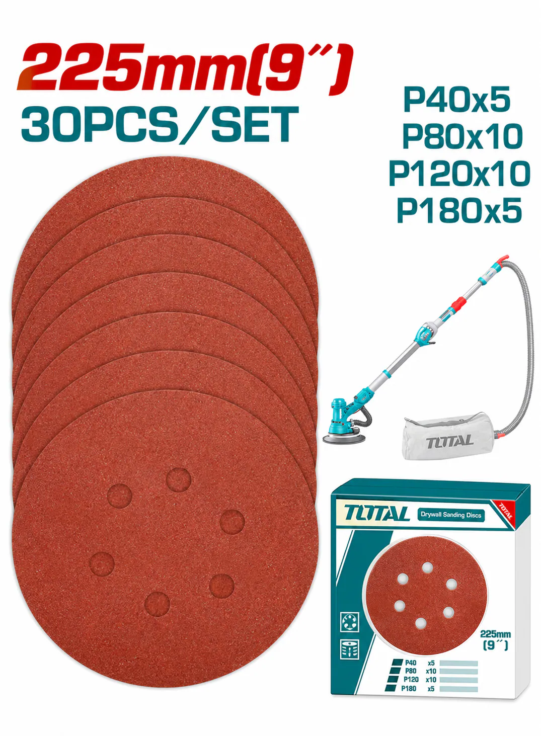 TOTAL 30-Piece Sanding Disc Set for Wall Sander – 225mm (9")