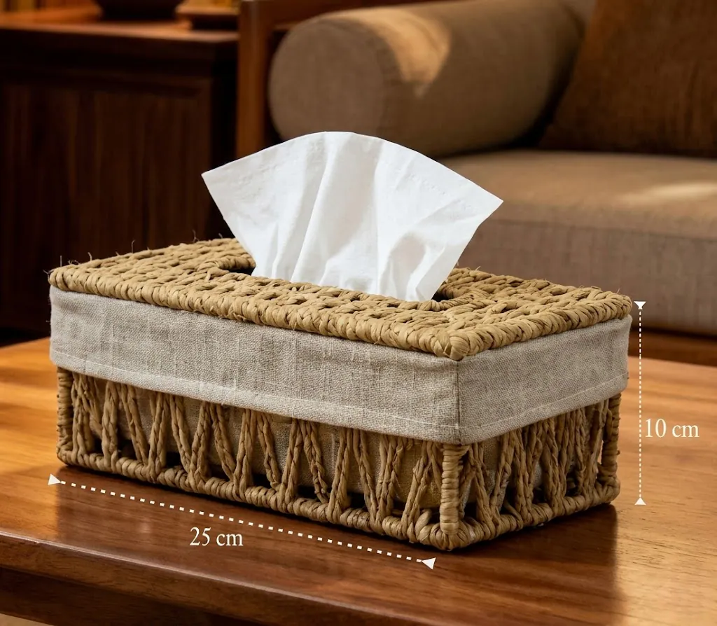 Elegant Handwoven Tissue Box Cover & Storage Basket Set – Natural Wicker with Fabric Lining-2 3