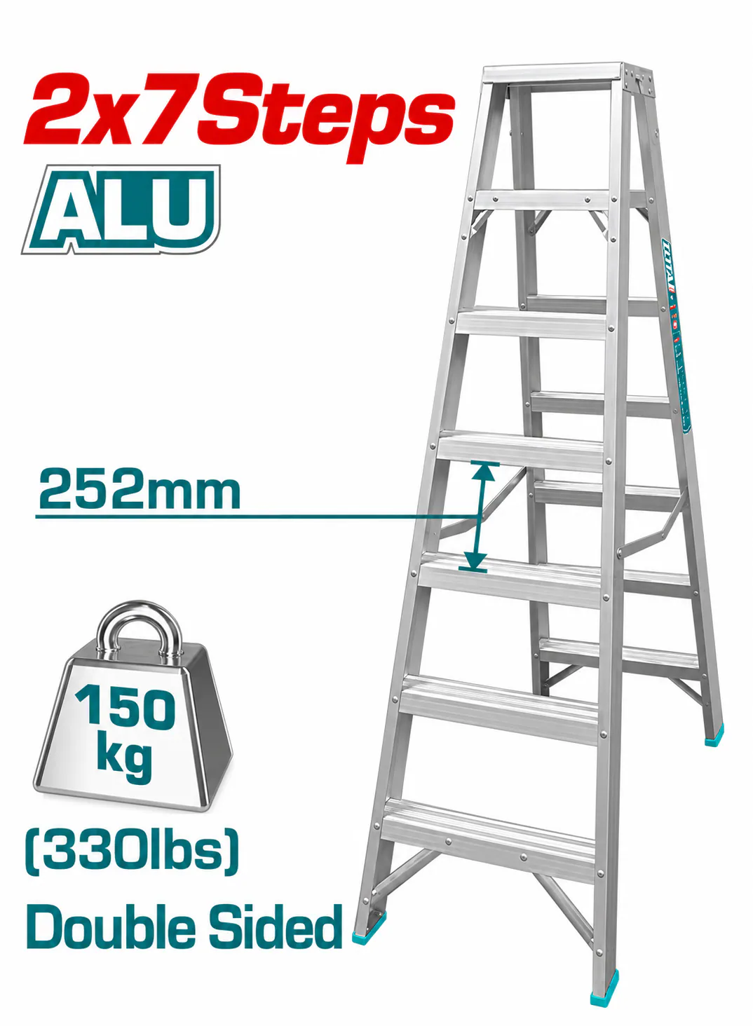 TOTAL 2×7-Step Double-Sided Aluminum Ladder – 14 Steps – 150kg (330lbs) Load Capacity – 252mm Step Spacing – Heavy-Duty Foldable A-Frame Ladder