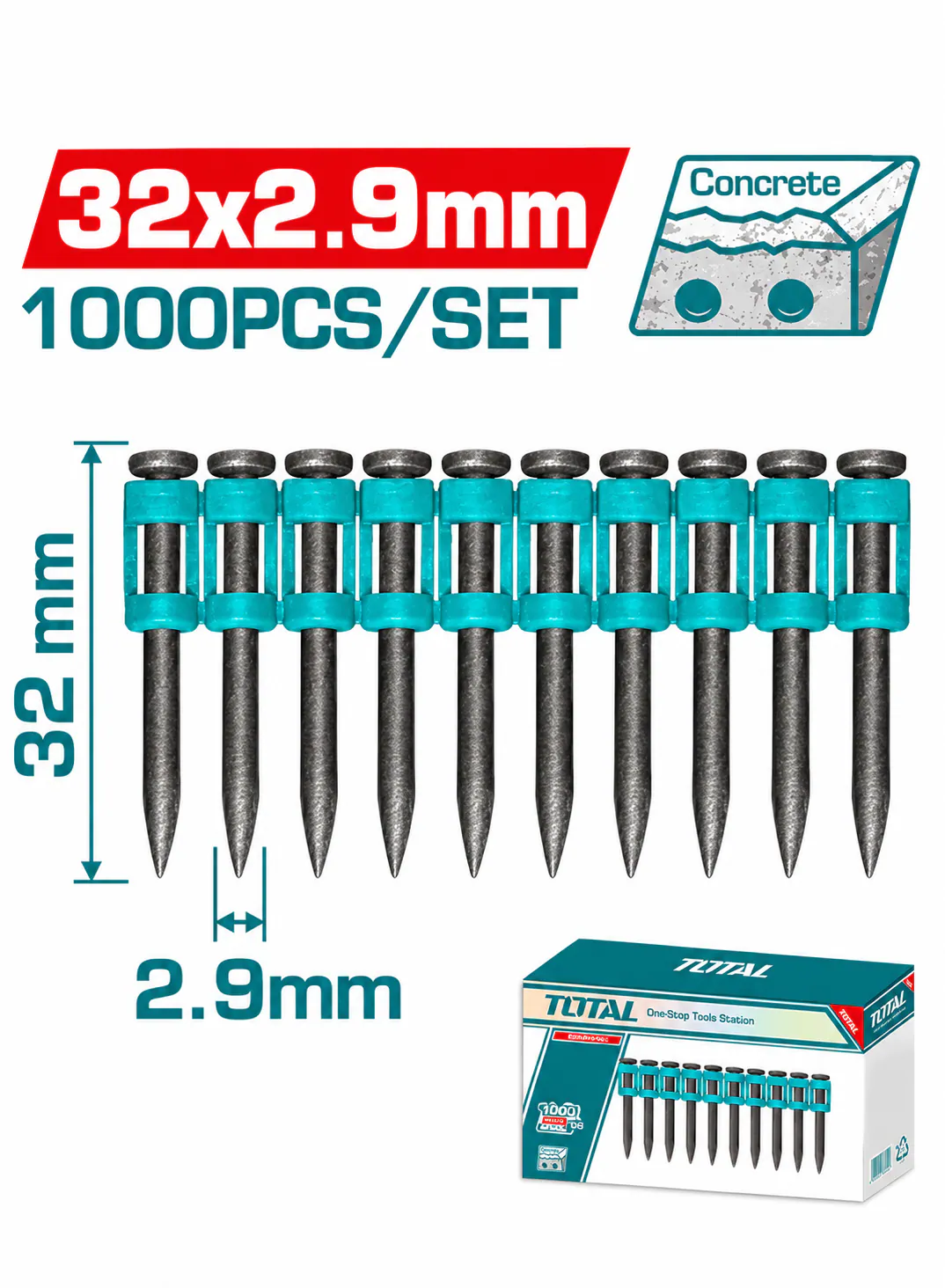 TOTAL 1000-Piece Concrete Steel Nails for Cordless Nail Gun – 32 × 2.9mm