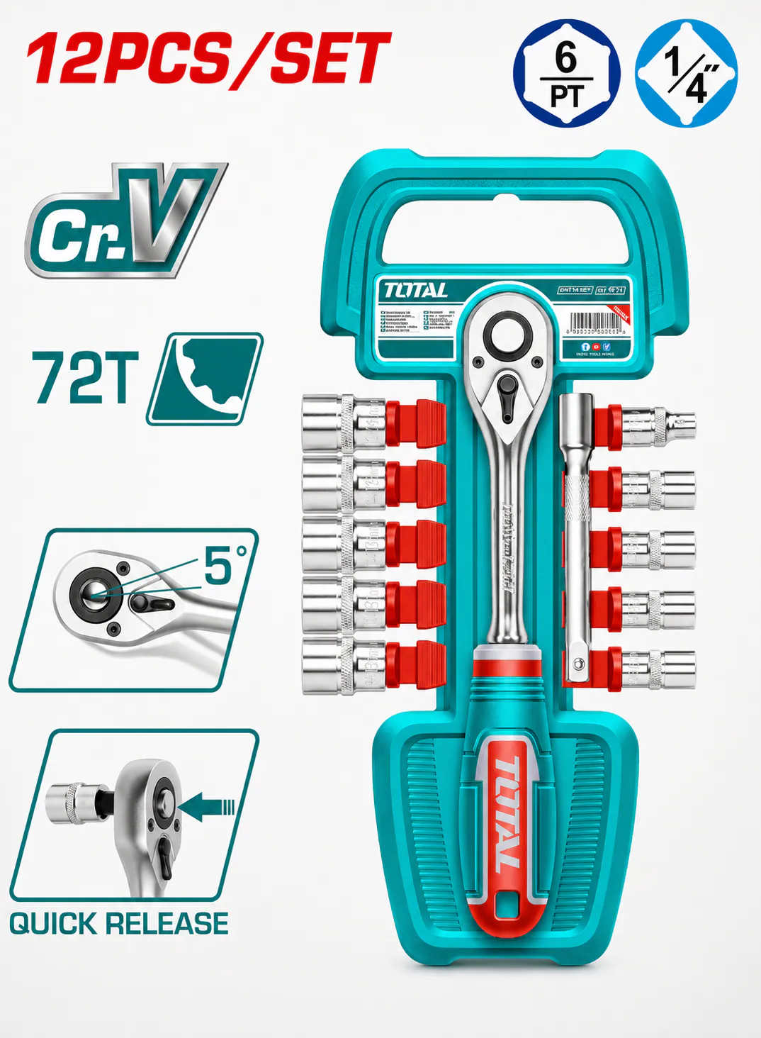 TOTAL 12-Piece 1/4" Socket Set with 45T Quick-Release Ratchet & 100mm Extension Bar | CR-V