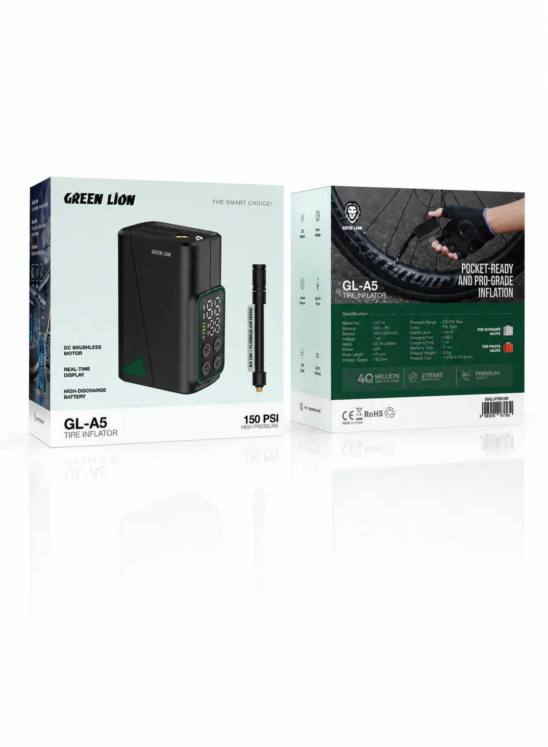 منفاخ إطارات Green Lion GL-A5 محمول بضغط 150 PSI مع محرك بدون فحمات وشاشة رقمية وشحن USB-C – أسود 2