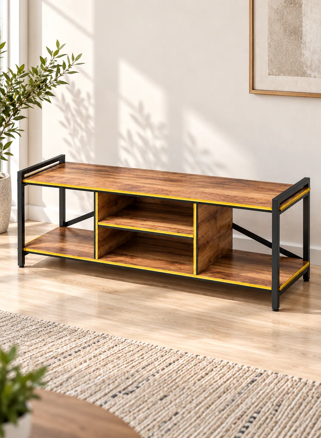 Modern Open-Shelf TV Unit with Metal Frame – 120 × 35 × 45 cm