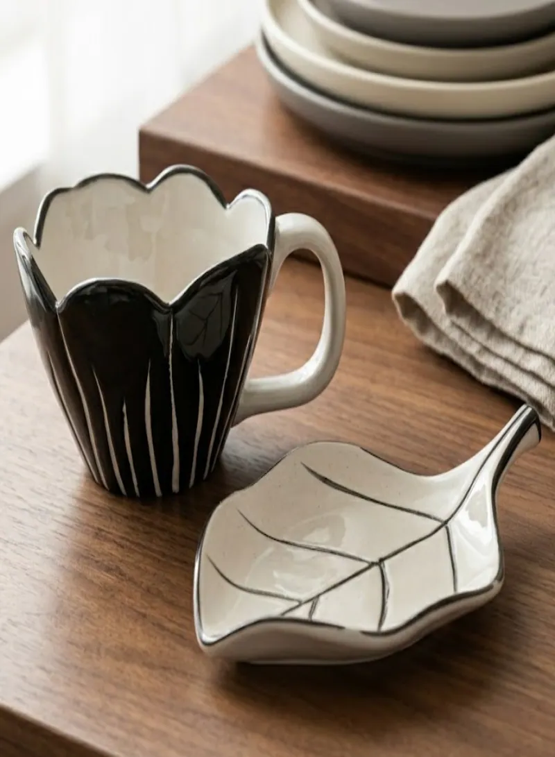 Tulip Ceramic Mug With Saucer – Elegant Coffee Cup Set 300ml